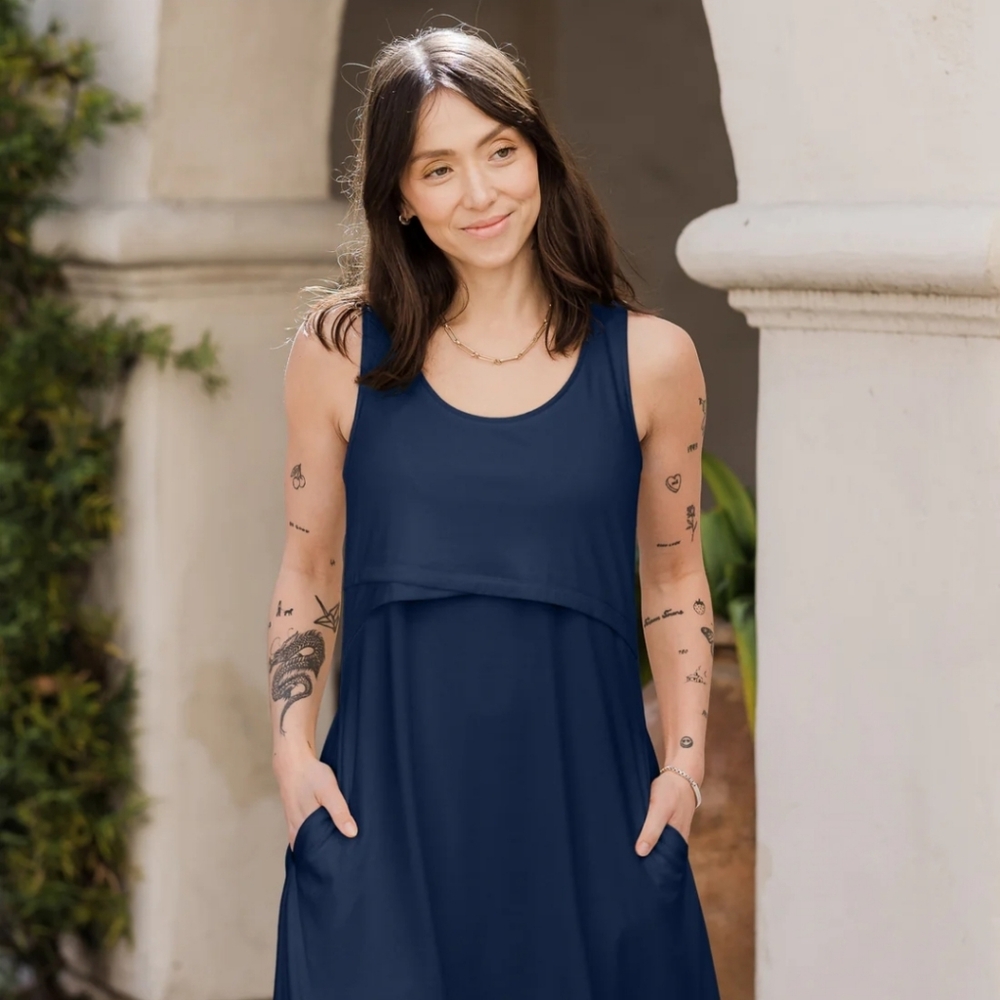 Kindred Bravely Penelope Crossover Nursing Dress - Navy Blue